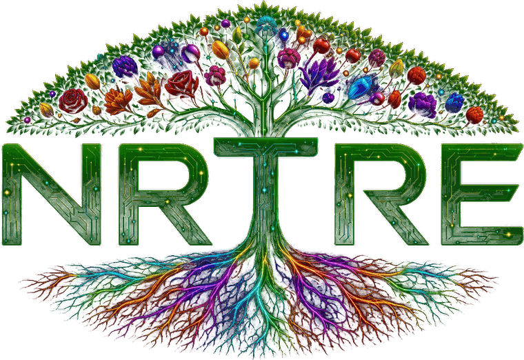 NRTRE logo: a circuit-board tree whose canopy of fruit and flowers grows over the letters NRTRE, with bright multicolored roots under the T